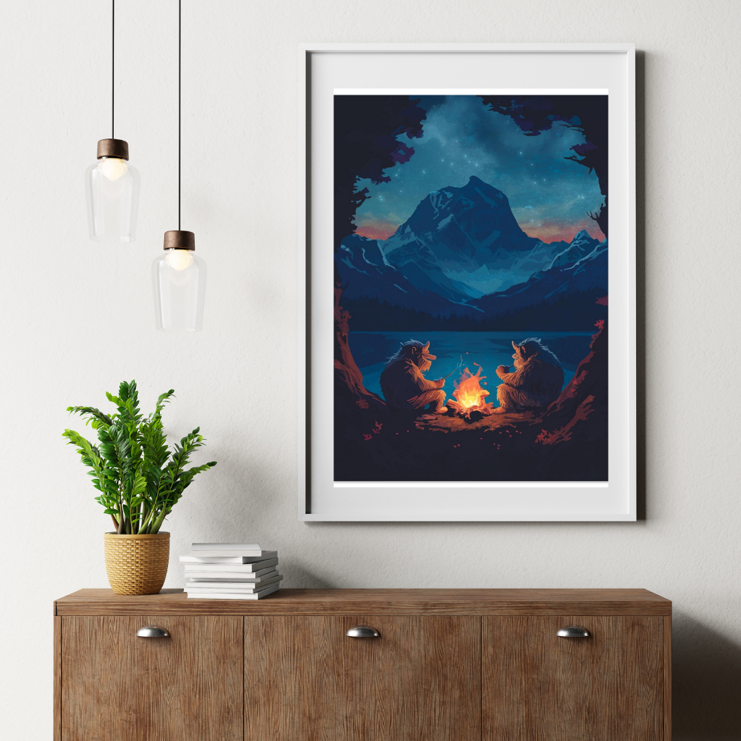 Two Trolls are enjoying the campfire next to a lake. Trees and mountains around. Deep blue colors and a yellow fire.
