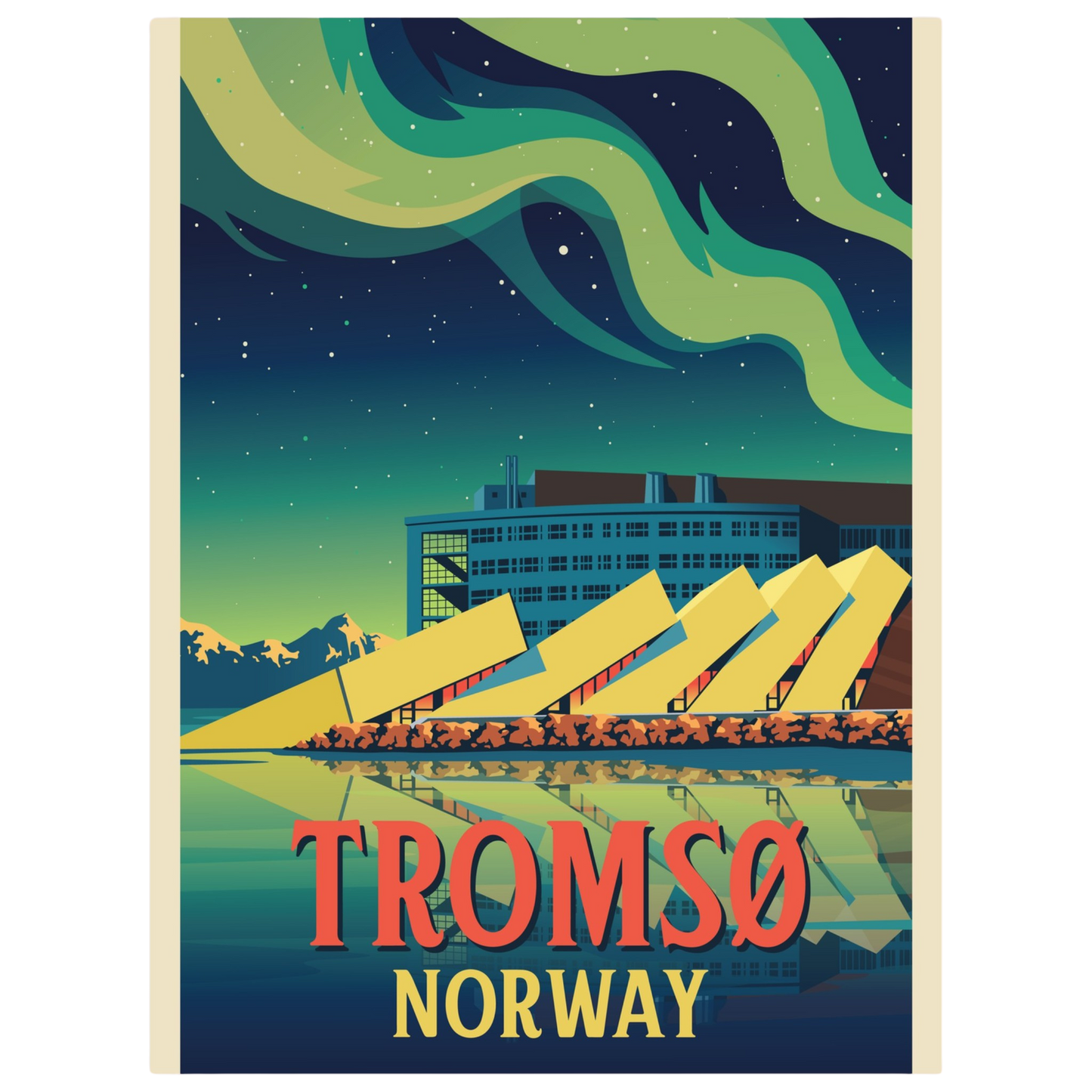 Polaria building in Tromsø, Norway, with Northern Lights glowing above its modern, ice-inspired architecture.