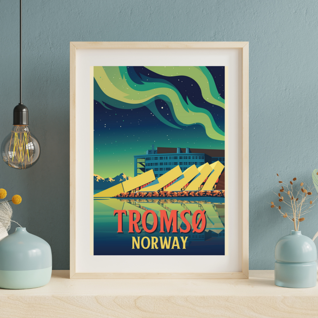 Framed poster from Polaria in Tromsø. Blue, green and yellow colors - text in red. Northern light is really dancing in the sky.