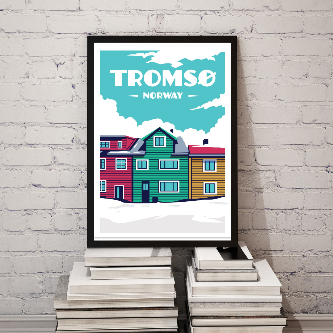 Framed, painted picture from romsø in Norway. Three houses in red, green and mustard yellow. Snowy street.