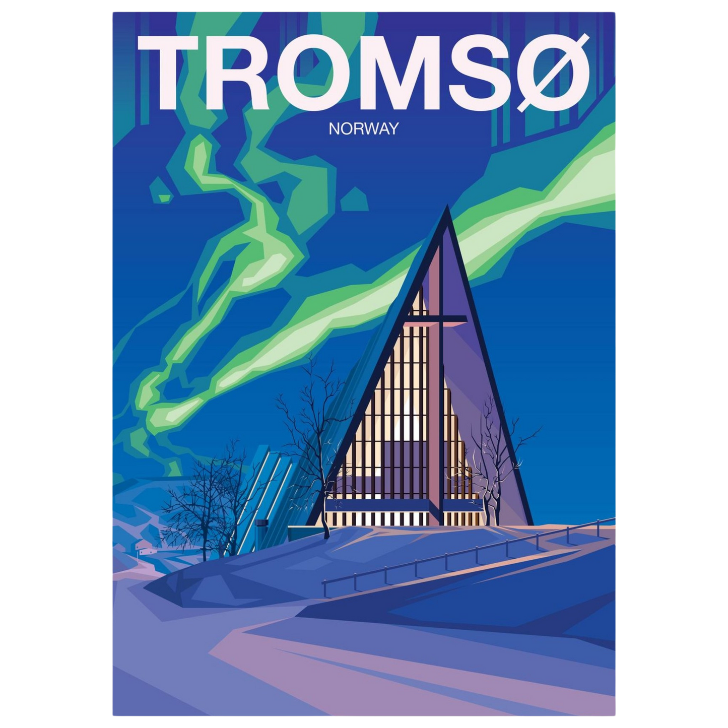 Painted picture og the catheadral in Tromsø, with snow, blue night sky and northern light dancing in the sky.