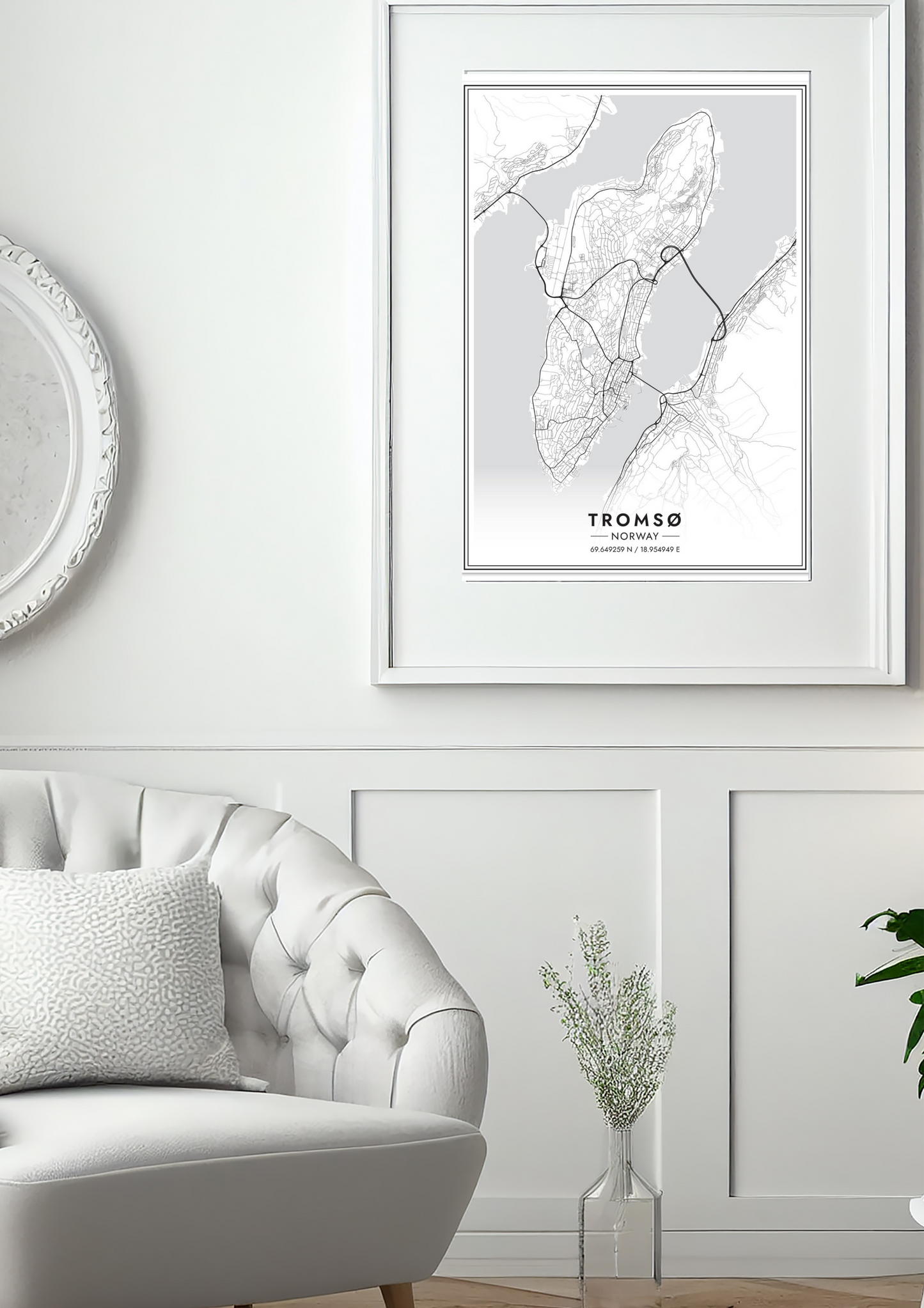 Tromsø poster map on a white wall.