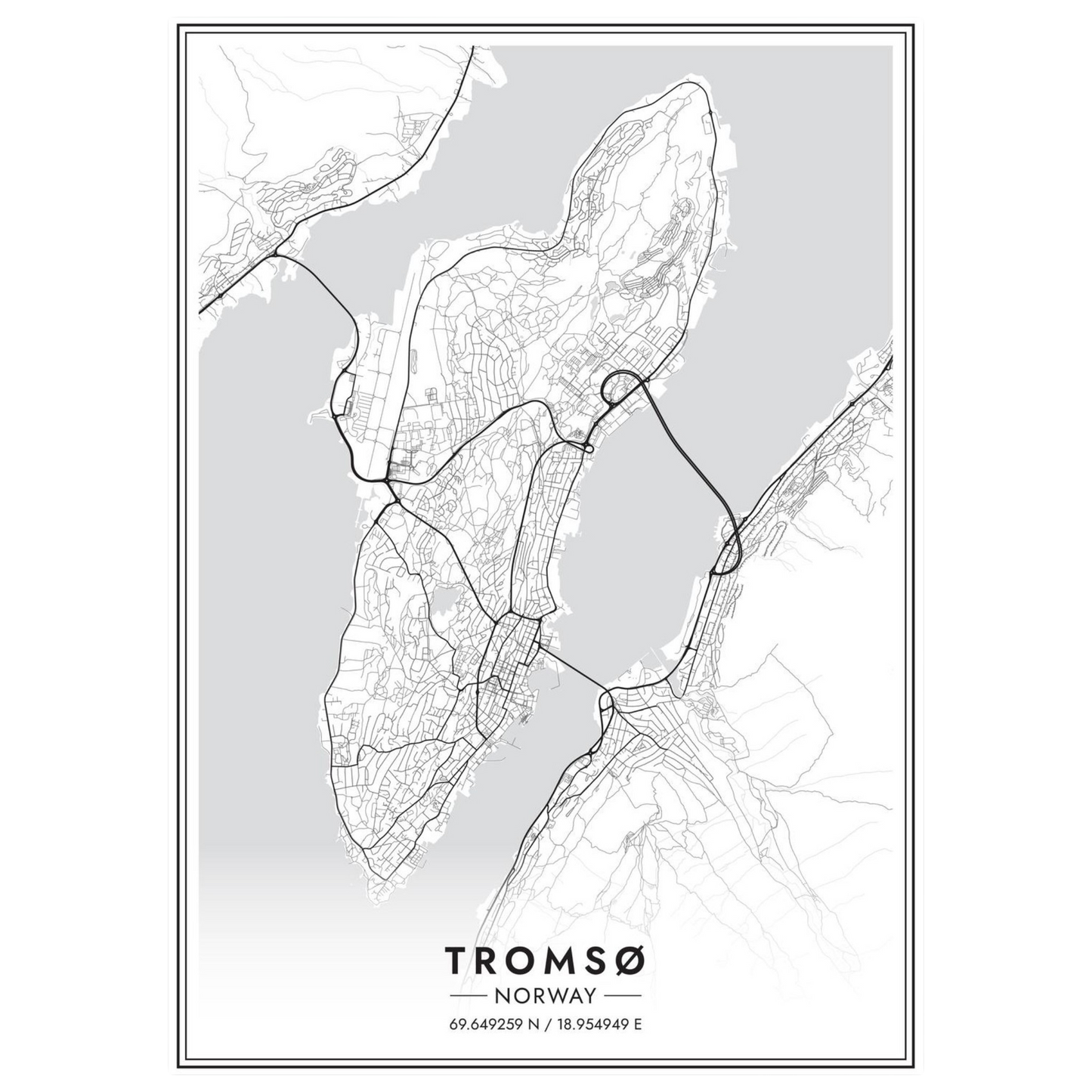 Black and white map from Tromsø in Norway.
