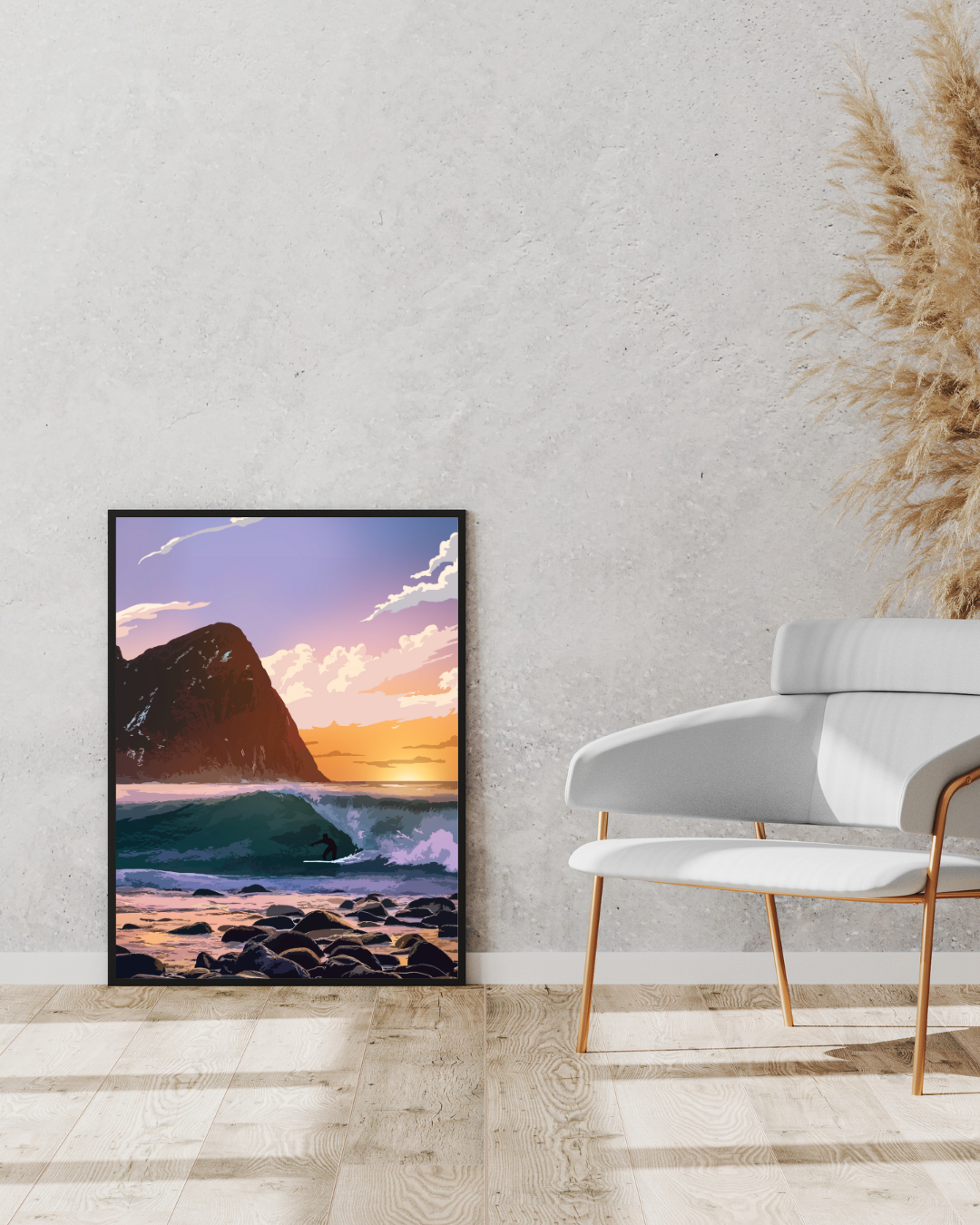 Framed artwork from Unstad in Lofoten, with a chair and decorative elements in the background.