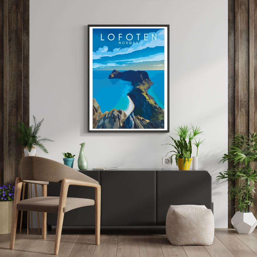 Framed poster from the Håen hike at Værøy in Lofoten, Norway in a modern living room.
