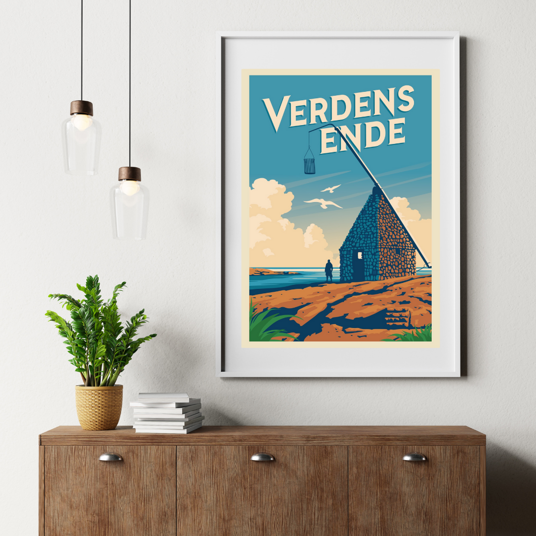 Framed picture in brown, blue and white from the tilting light house at Verdens Ende, Norway. Text in white says Verdens Ende.