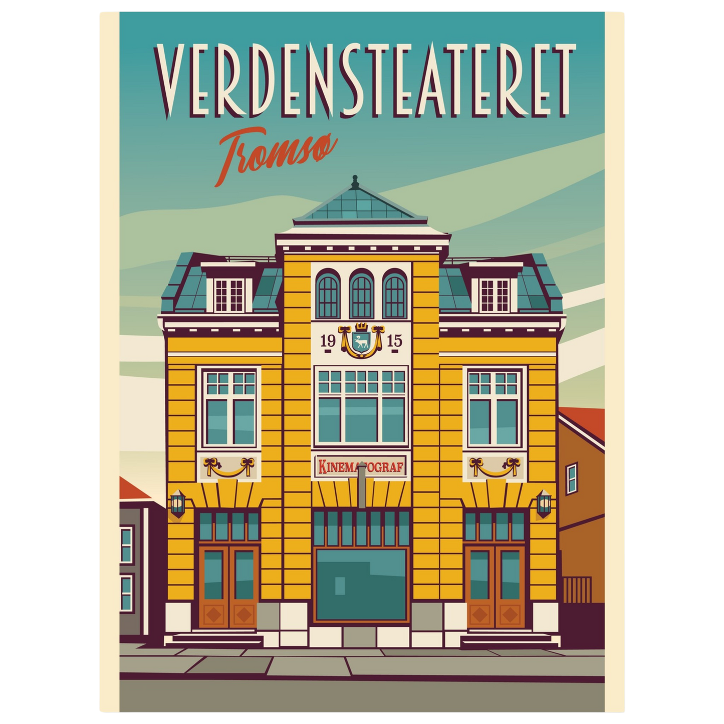 A historic building in Tromsø, Norway, featuring the Verdensteateret sign with its iconic architecture, illuminated at night!