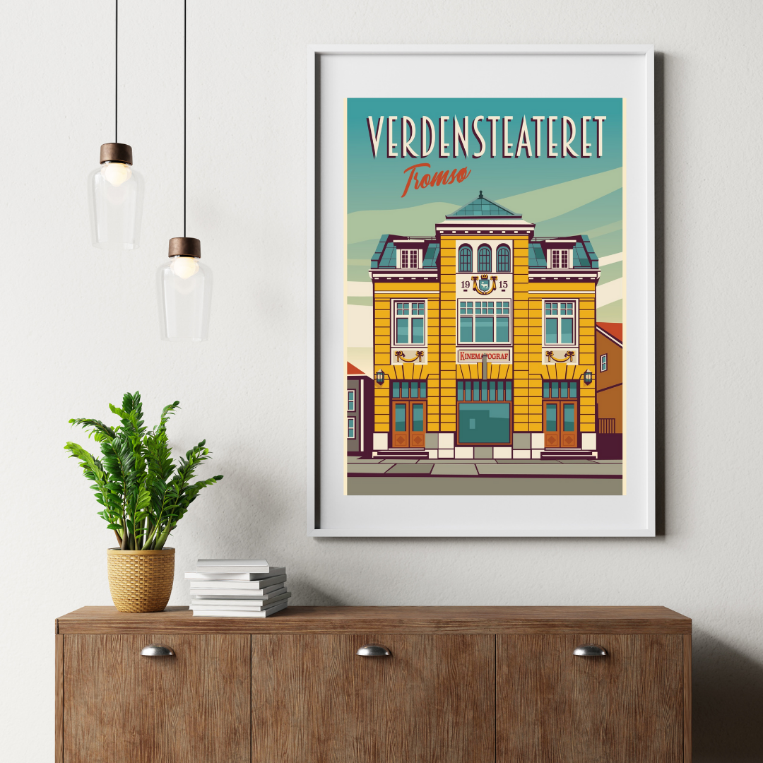 Framed picture from the building Verdensteatert in Tromsø. Norway. The building is yellow and the sky is blue.