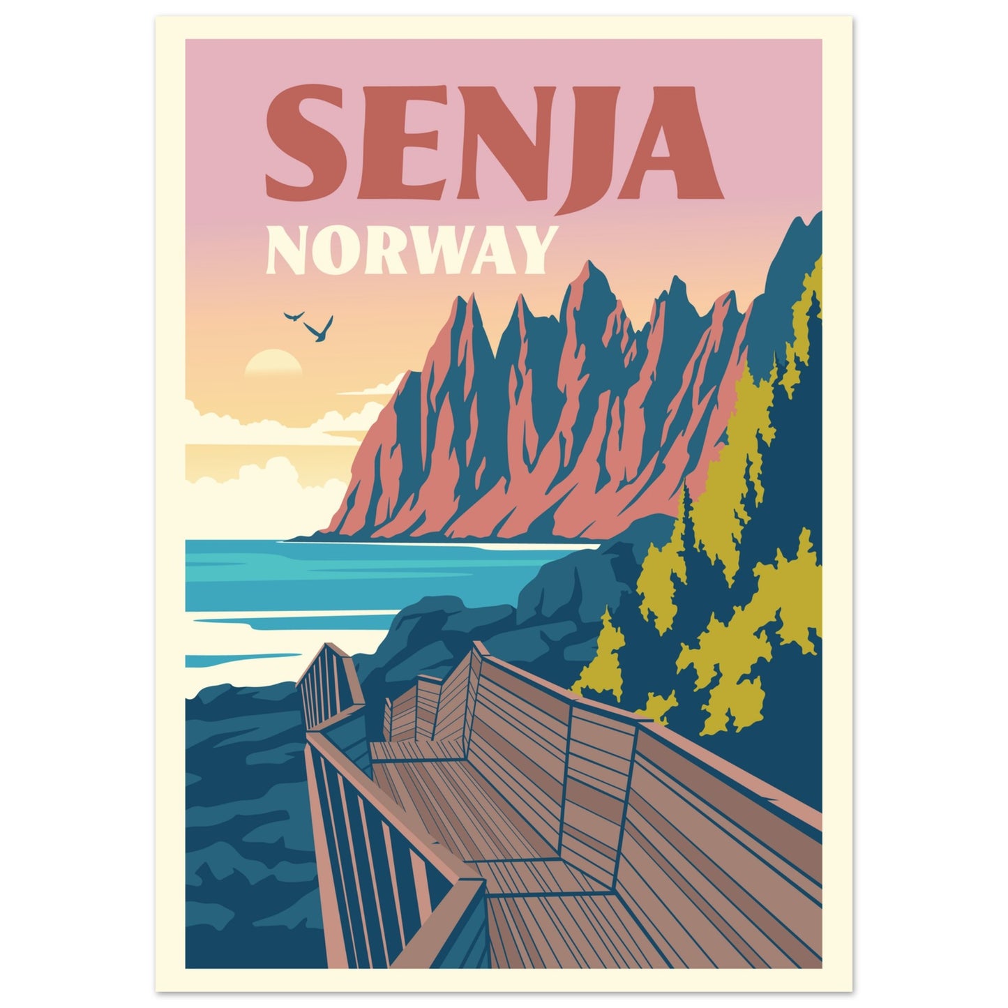 A panoramic view from a viewpoint on Senja, looking out over the ocean and dramatic mountain peaks stretching into the distance.