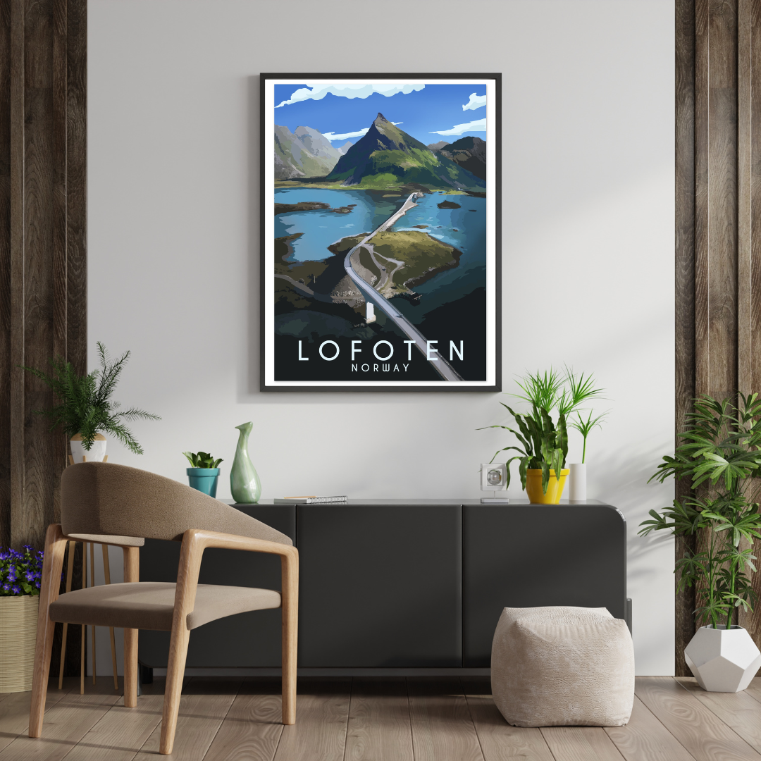 Framed poster from Volandstinden and the Fredvang bridges in Lofoten, Norway in a modern living room.