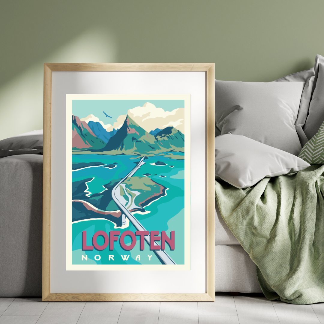 Framed poster of the mountain Volandstinden and the Fredvang bridges in Lofoten, Norway on a wall in a living room.