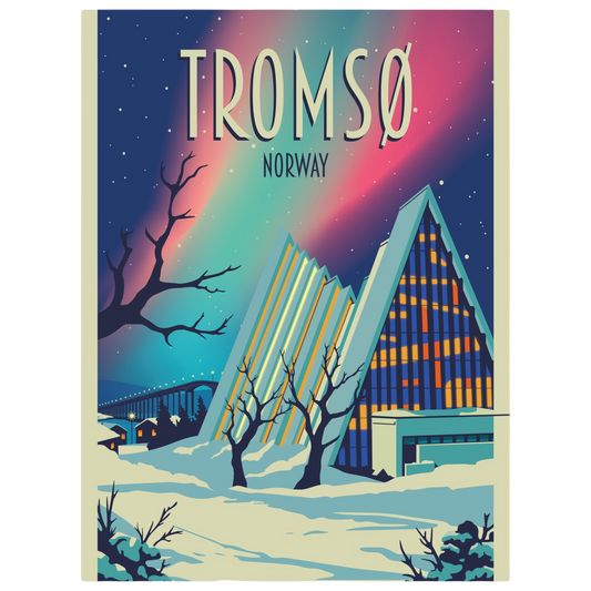 The Arctic Cathedral in Tromsø, Norway, illuminated at night with the Northern Lights glowing in the sky above.