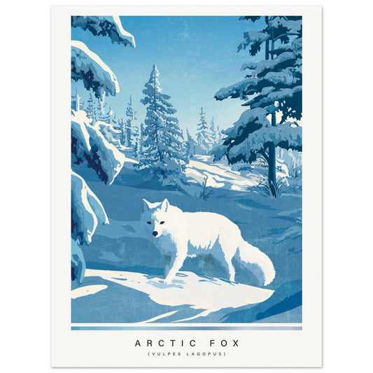 Illustration of an Arctic fox in Norway, in a snowy forest with blue and white color scheme.