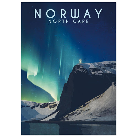 Bright green northern lights dancing above the North Cape Globe monument on a clear winter night.