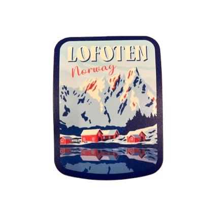Sticker from Ballstad in Lofoten, Norway. Red fisherman cabins and snowy mountains behind.