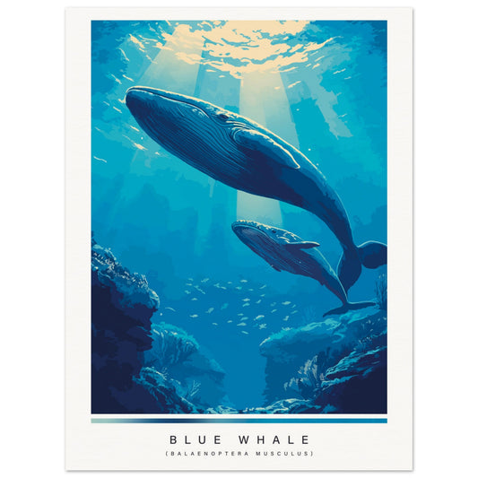Poster of a blue whale underwater with sunlight filtering through water.