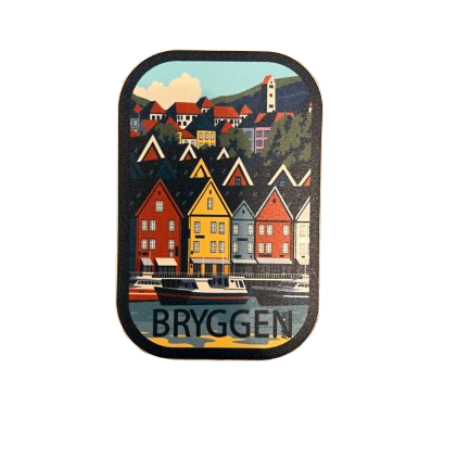Sticker from Bryggen in Bergen, Norway. Colorful houses in red, blue and yellow. Boats in front of the houses. The text says Bryggen.