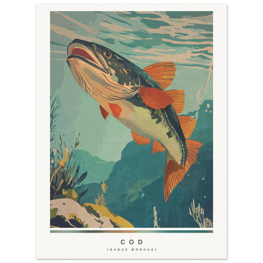 Vintage-style poster of a cod fish with underwater scene