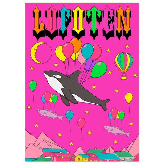 A playful and surreal scene featuring an orca soaring through the sky, lifted by a colorful bouquet of balloons in vibrant colors and houses in Lofoten.