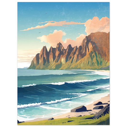 A dramatic mountain range on Senja island, with summer sunlight and the ocean waves along the rocky coast.