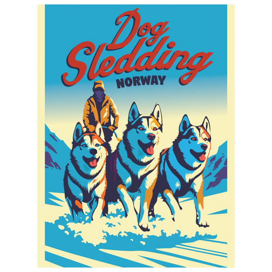 Team of sled dogs pulling a sled through snowy Arctic landscape in Norway, with a musher guiding them.