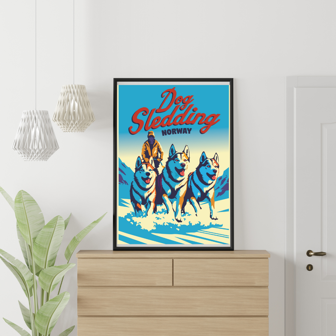 Framed picture with three happy and smiling husky dog pulling the sledge. Red text says Dog Sledding Norway. Snowy landscape.