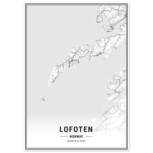 Illustrated map of the Lofoten Islands in Norway, drawn in a minimalist Scandinavian style.