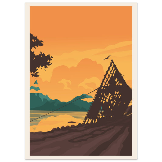 A drying rack for the fish in Lofoten in midnight sun.