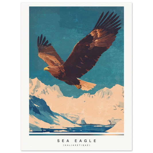 Poster of a sea eagle flying over mountains with a blue sky.