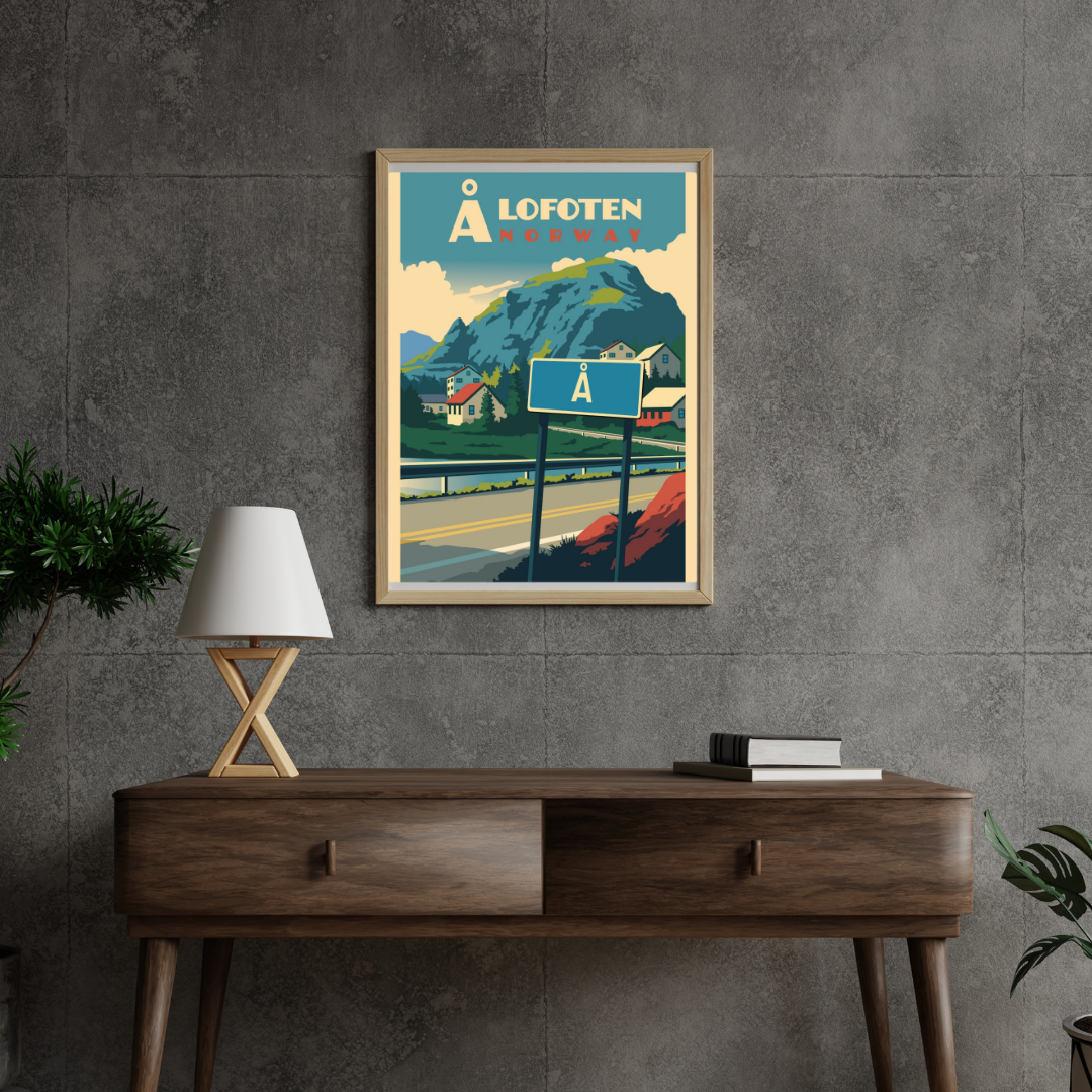 Framed picture on a grey wall. End of the road sign from Å in Lofoten.