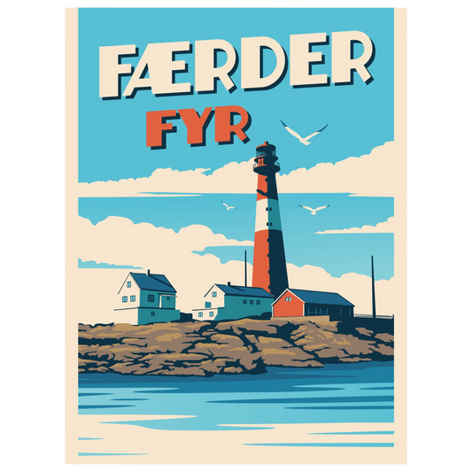 Færder Lighthouse on the Norwegian coast, surrounded by sea with rocky landscape, birds and sky in the background.