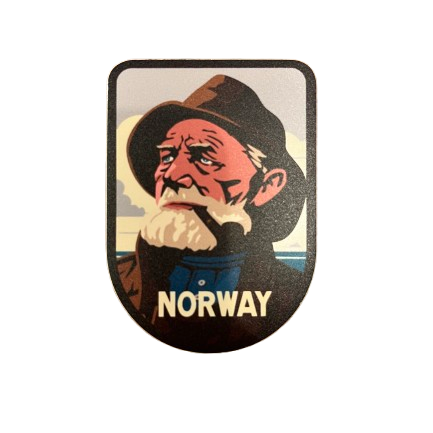 Sticker in brown colors with the text Norway. The classic fisherman is the motive, with a big beard and pipe in his mouth. 