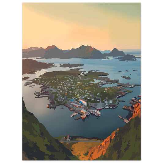 Poster with a view over Ballstad in Lofoten. Ballstad is a fishing village so you see the boat yard, and the fisherman houses. Colors are grenn, brown and yellow. 