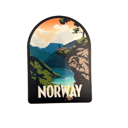 Sticker with a fjord from Norway. Green, orange and brown colors. One person is standing on a viewpoint looking out over the fjord. 