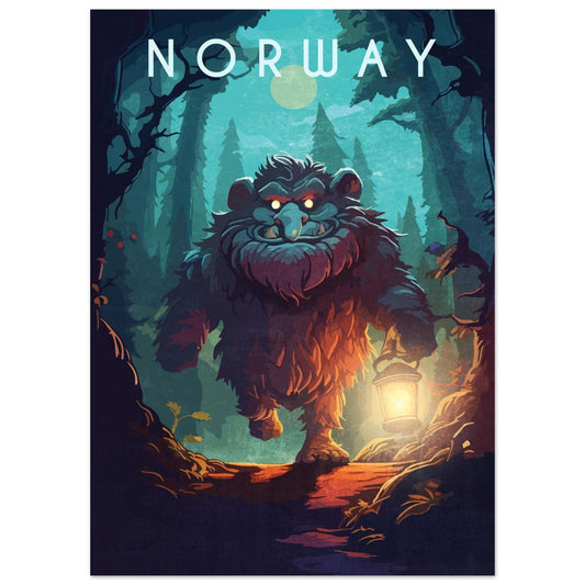 A large troll standing among tall trees in a deep Norwegian forest, surrounded by moss, shadows, and ancient nature.