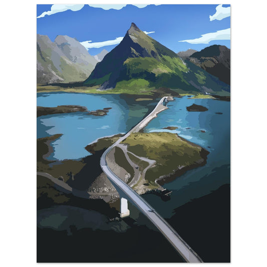 View of Volandstinden mountain and Fredvang Bridge in Lofoten, Norway, with dramatic peaks, winding road, and surrounding coastal landscape.