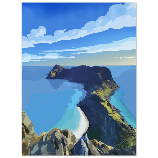 Panoramic view from Håheia mountain on Værøy island, Lofoten, Norway, showing steep cliffs, sea, and dramatic coastal landscape.