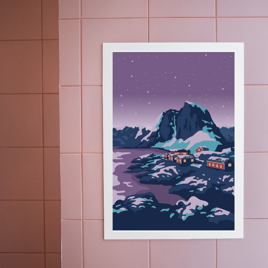 Framed artwork of midwinter at Hamnøy in Lofoten. Winter landscape with a purple sky on a tiled wall.