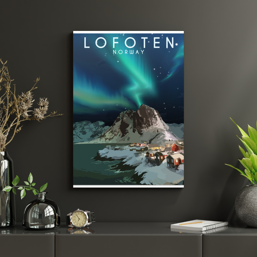Poster from Hamnøy in Lofoten, Norway with Northern Lights on a dark wall.