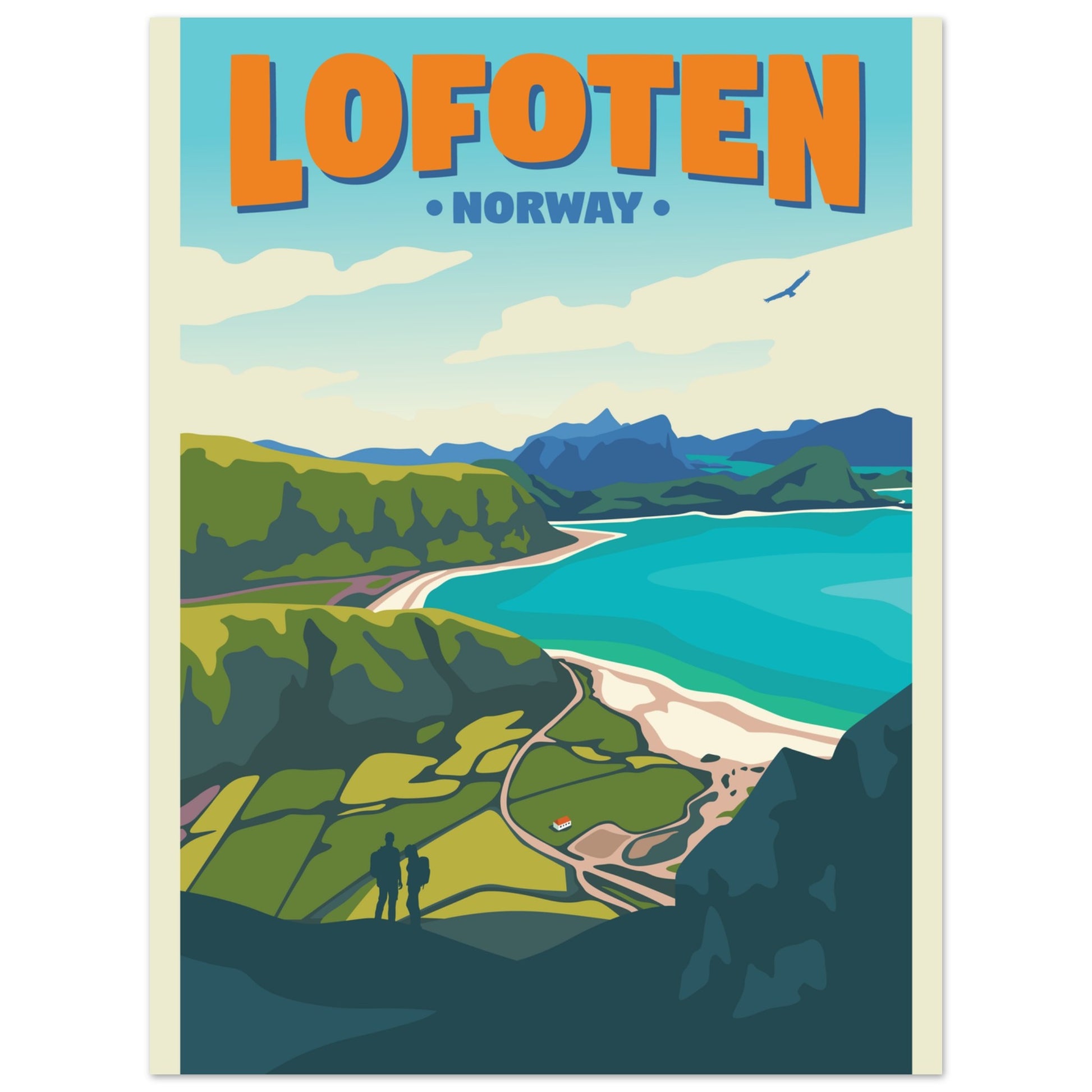 Two people hiking over Haukland Beach on the island of Vestvågøy in Lofoten. With its crystal clear blue waters and mountainous backdrop.