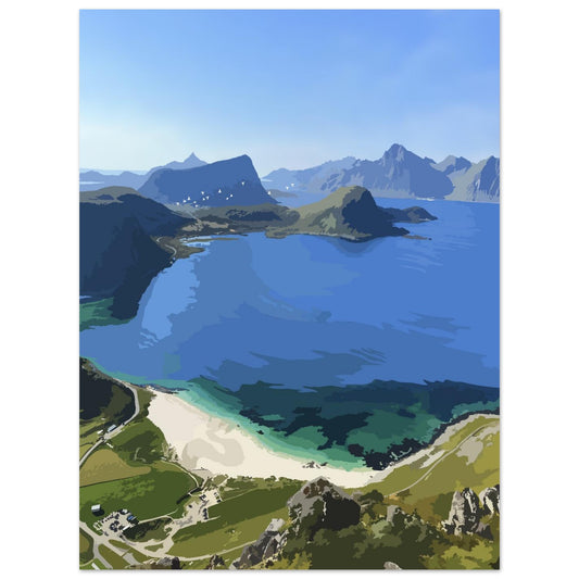 Haukland Beach in Lofoten, Norway, with white sand, clear turquoise water, and dramatic mountains in the background.
