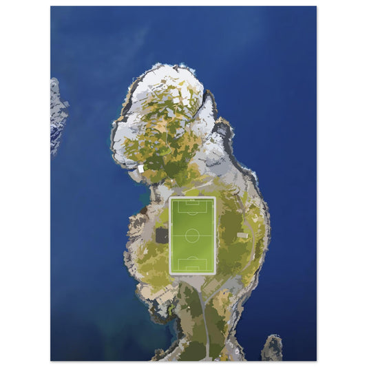 Henningsvær football field on a small island in Lofoten, Norway, surrounded by ocean and mountains.