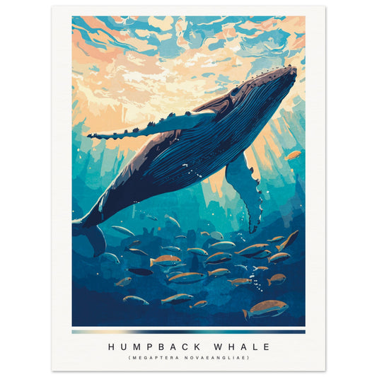 Illustration of a humpback whale in an underwater scene with fish and colorful water.