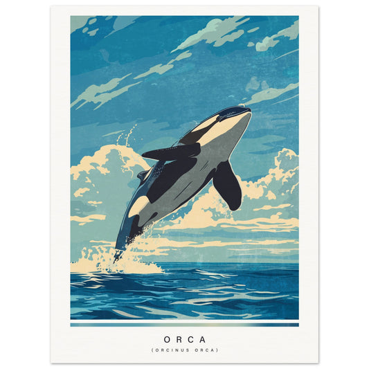 Jumping orca whale illustration in the ocean with a blue sky background