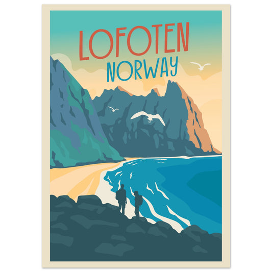 Two people walking along Kvalvika Beach in Lofoten, surrounded by dramatic cliffs, sand, and open sea.