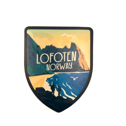 Sticker with the view over Kvalvika Beach in Lofoten. Two hikers are standing in black in the front. Midnight sun is shining. 