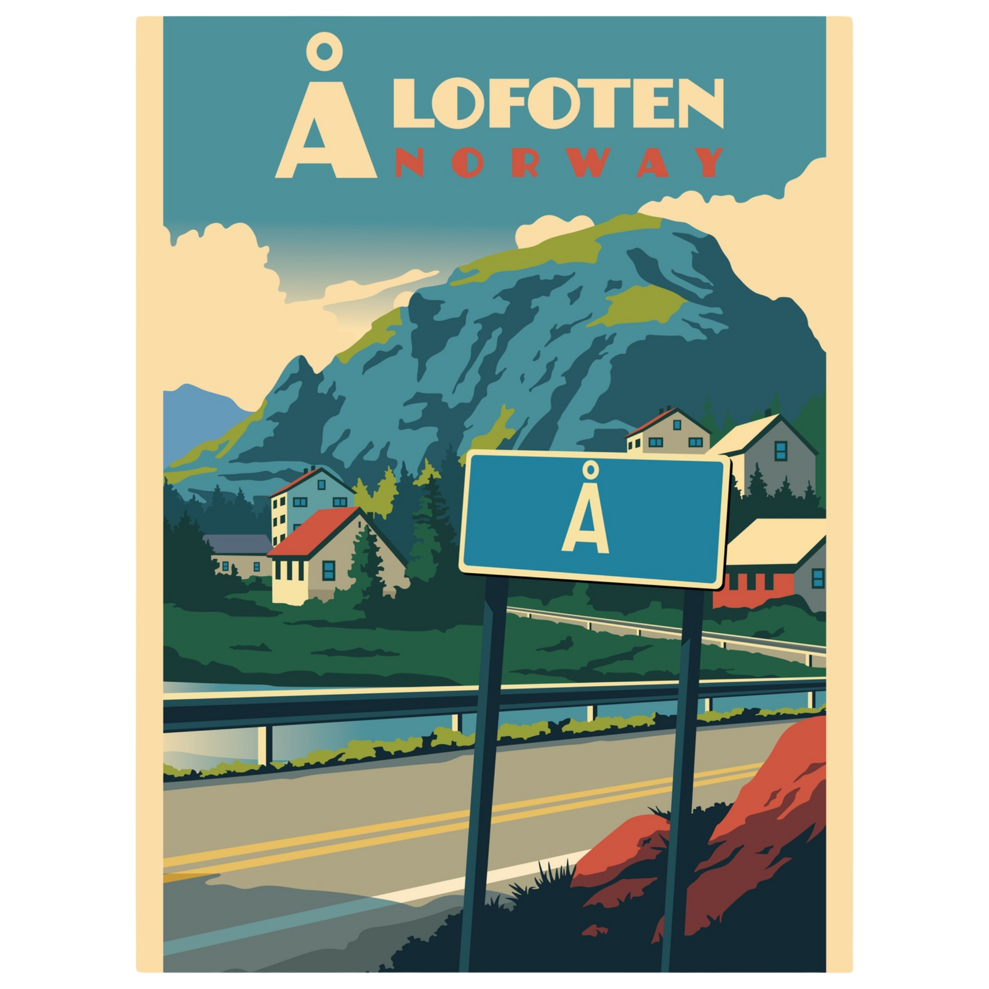 Road sign for Å village in Lofoten, Norway, with mountains, traditional houses, and Arctic scenery in the background.