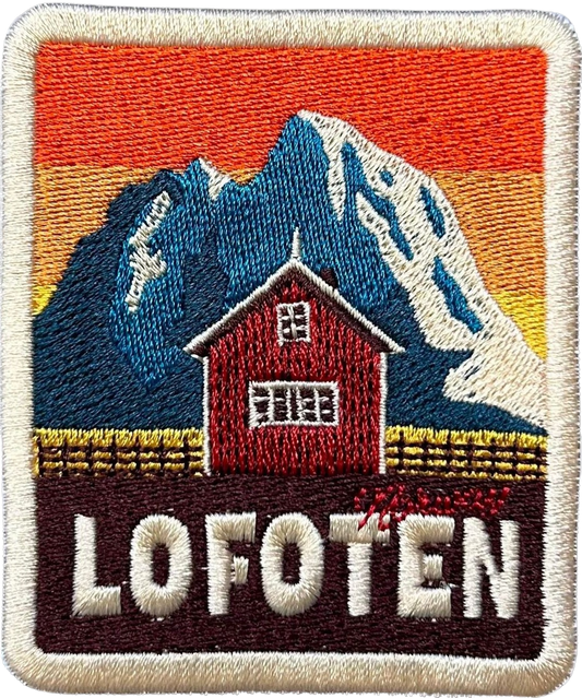 Lofoten patch, red rorbu with midnight sun