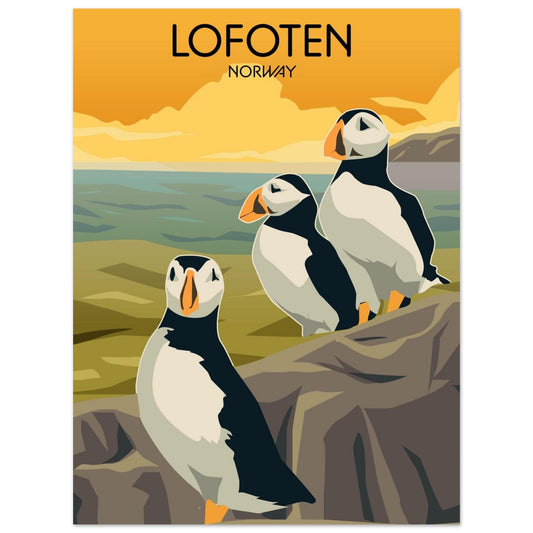 Poster of Lofoten, Norway with puffins on a rock and midnightsun sky.