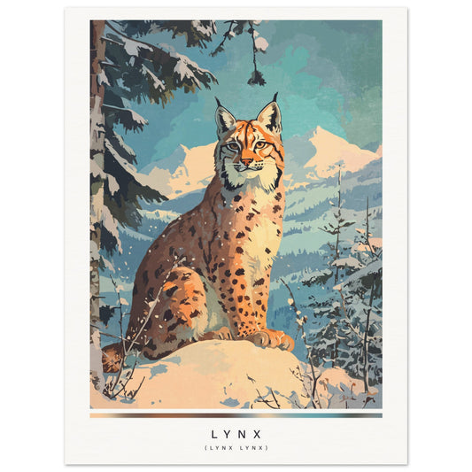 Lynx in a snowy forest with mountains in the background